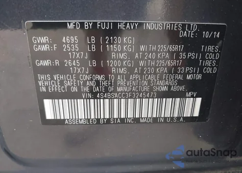 2015 Subaru Outback 2.5I Premium z USA, uszkodzony, nr VIN 4S4BSACC3F3245473